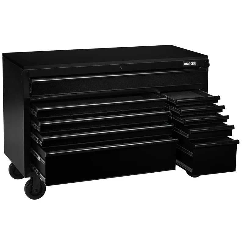 BUNKER 10 Drawer Workbench Roller Tool Cabinet with Black Stainless Steel Worktop, 56"
