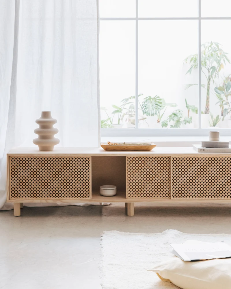 Menorca TV stand of pine with 2 or 3 lattice door 180 cm