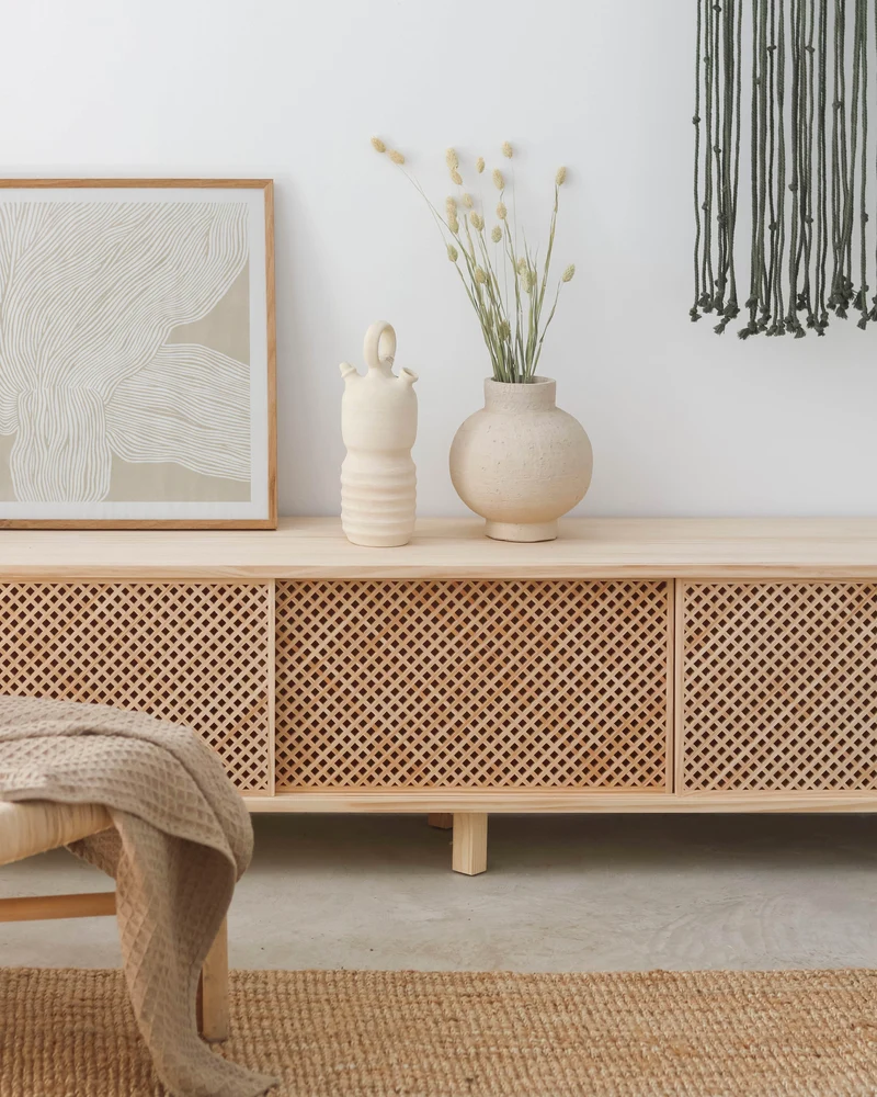 Menorca TV stand of pine with 2 or 3 lattice door 180 cm