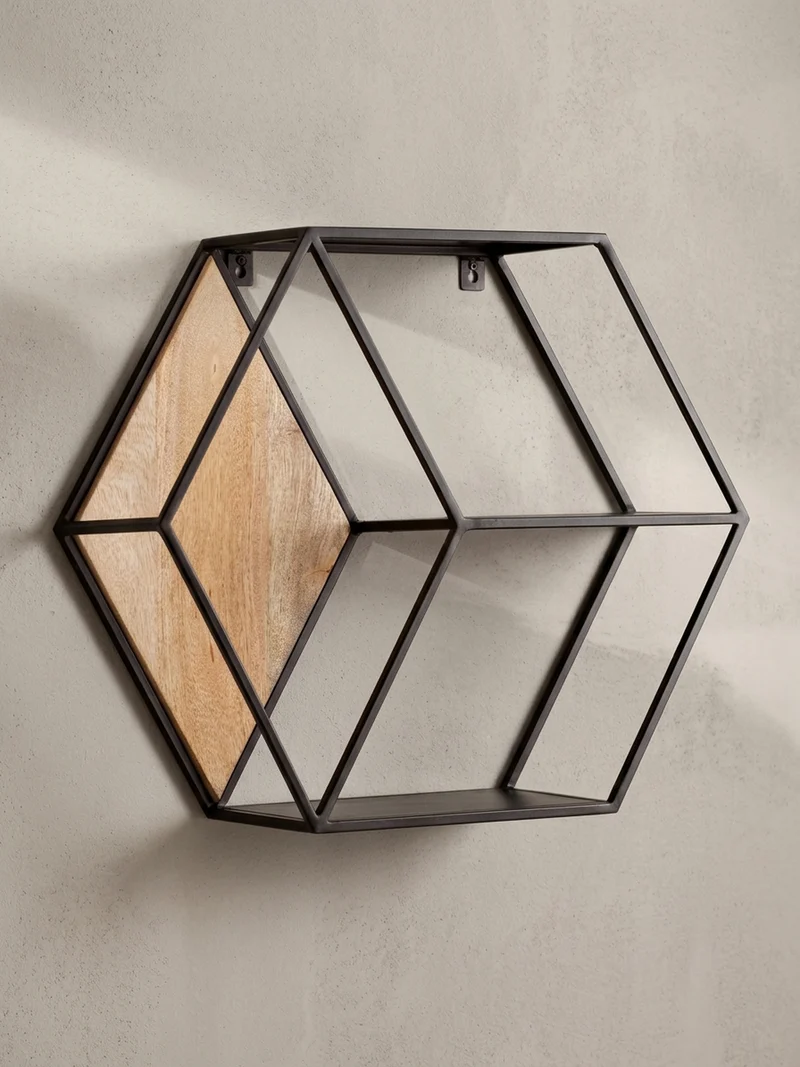 Wandregal Mango Massivholz Metall Industrial Stil 60x52x20 cm Sechseckig mit 3 Ablagen