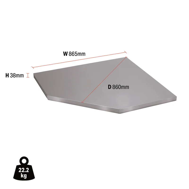 BUNKER Modular Stainless Steel Worktop for Corner Cabinet, 865mm