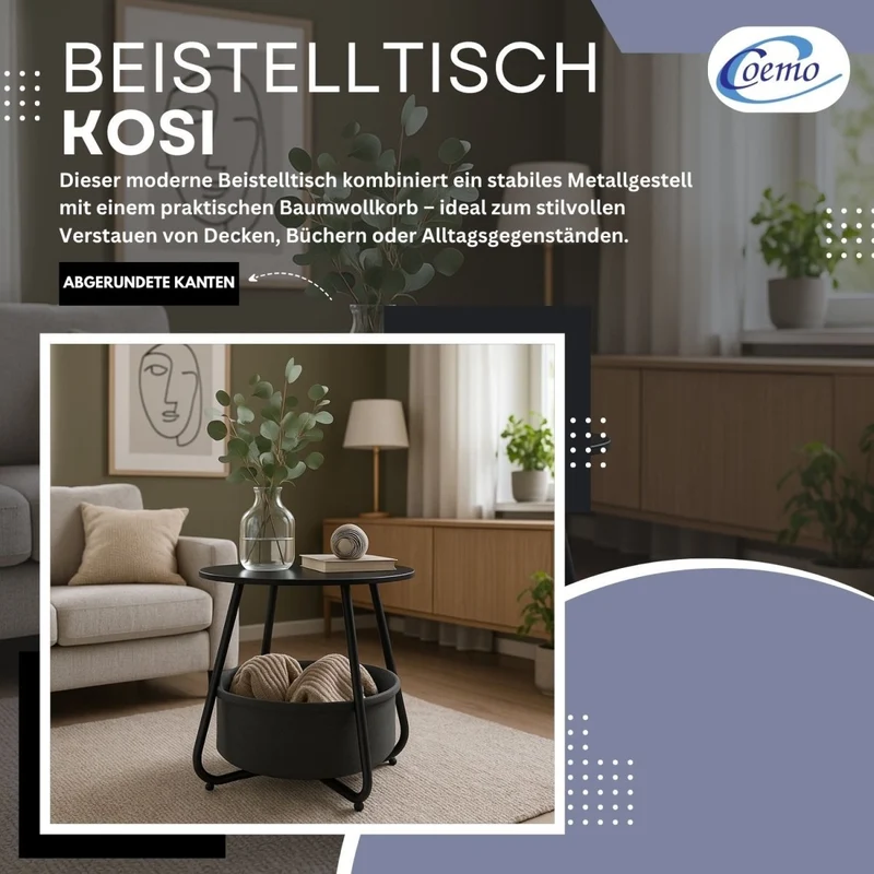 B-Ware Beistelltisch Kosi mit Canvas Korb - Metallgestell mit Stoffkorb