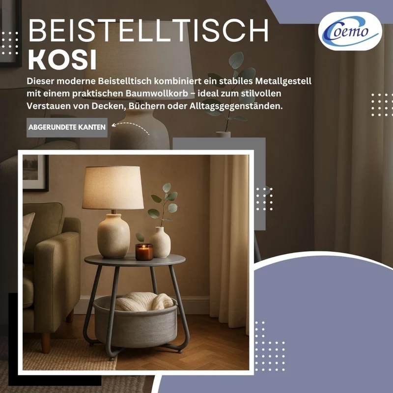 B-Ware Beistelltisch Kosi mit Canvas Korb - Metallgestell mit Stoffkorb