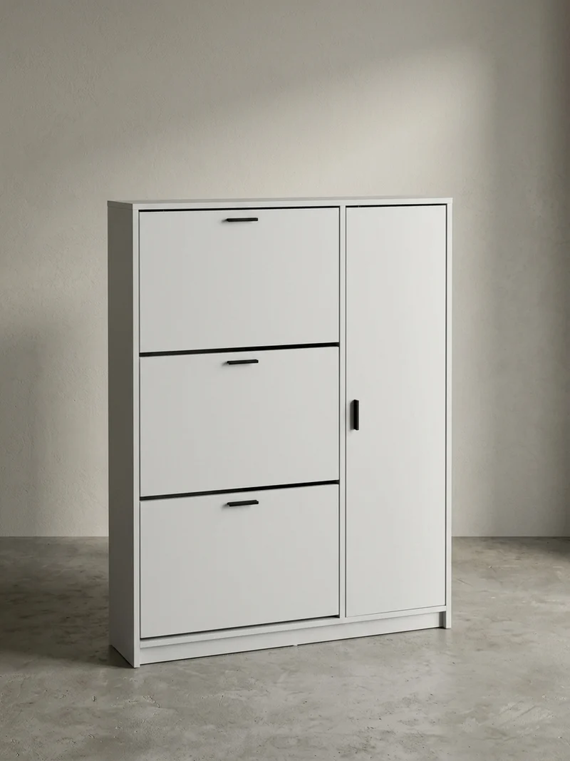 Schuhschrank – Weiß, 90x120x24 cm, Schuhkipper geschlossen, mit Ablage