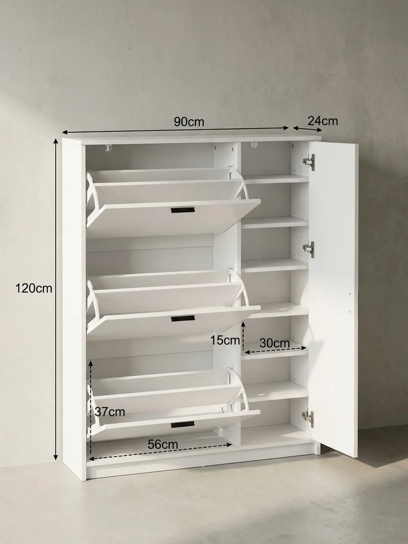 Schuhschrank – Weiß, 90x120x24 cm, Schuhkipper geschlossen, mit Ablage
