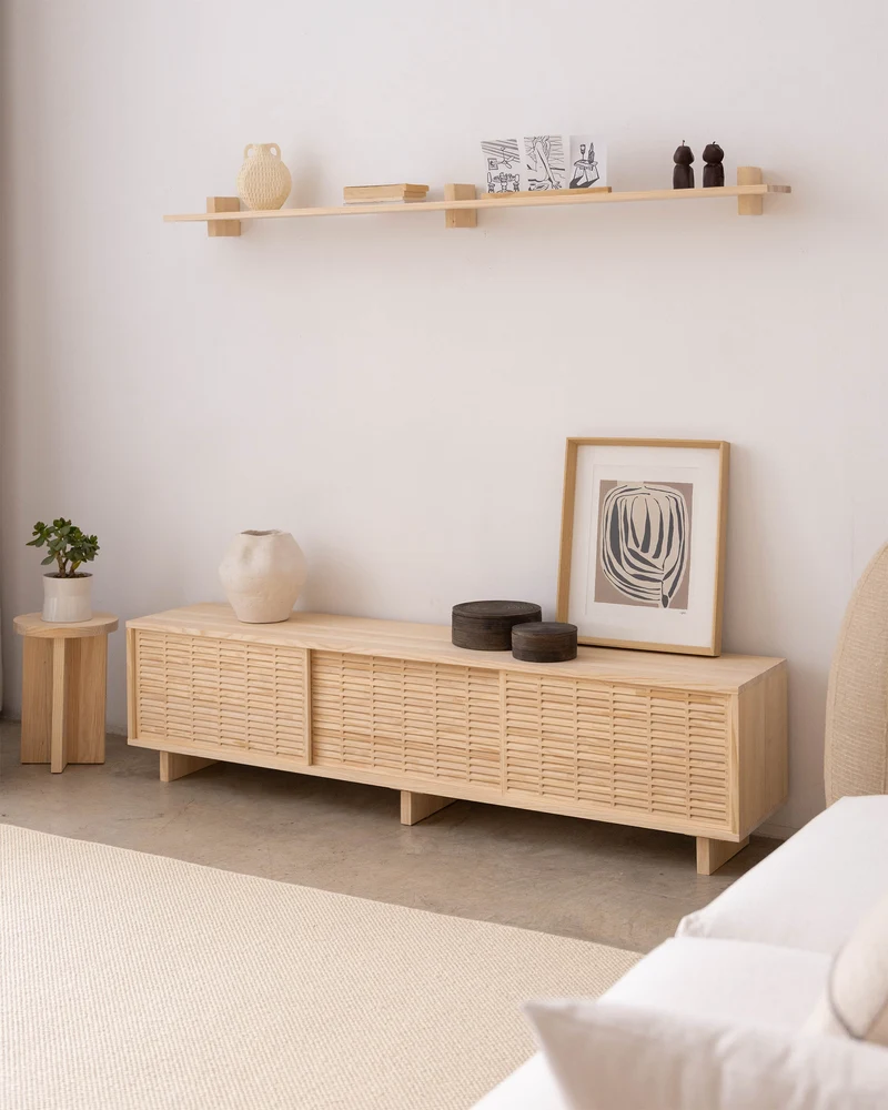 Mitjana TV stand of pine with 3 mallorquina doors 180 cm