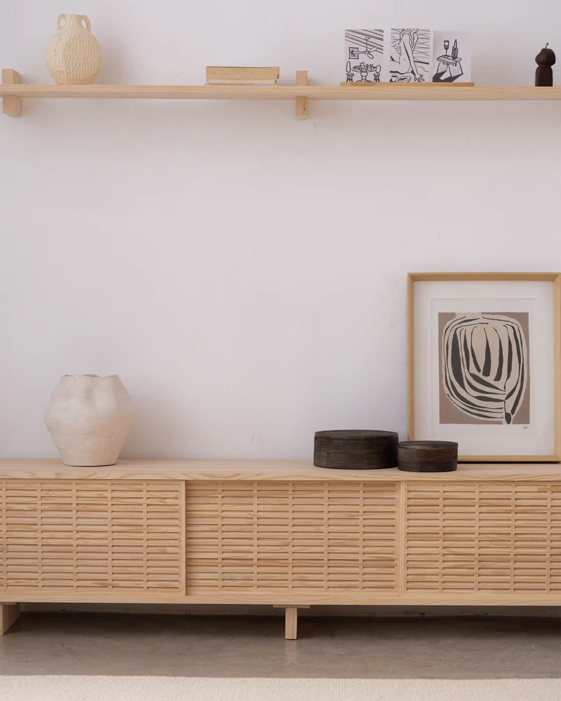 Mitjana TV stand of pine with 3 mallorquina doors 180 cm