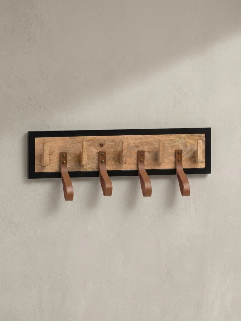 Wandgarderobe Mango Massivholz Echtleder Modern 60x15x6 cm mit Schlaufen