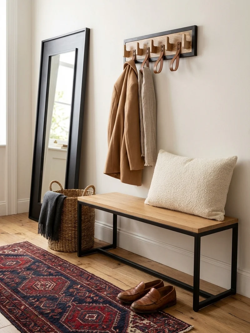 Wandgarderobe Mango Massivholz Echtleder Modern 60x15x6 cm mit Schlaufen