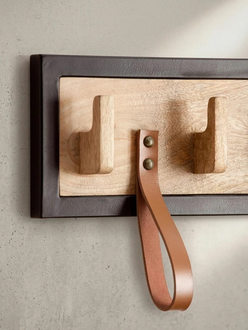 Wandgarderobe Mango Massivholz Echtleder Modern 60x15x6 cm mit Schlaufen