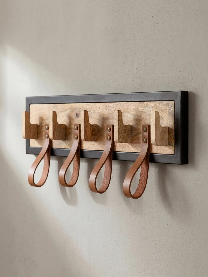 Wandgarderobe Mango Massivholz Echtleder Modern 60x15x6 cm mit Schlaufen