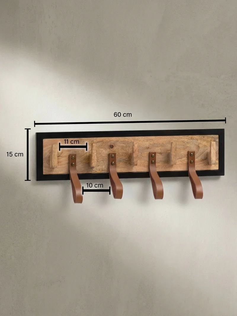 Wandgarderobe Mango Massivholz Echtleder Modern 60x15x6 cm mit Schlaufen