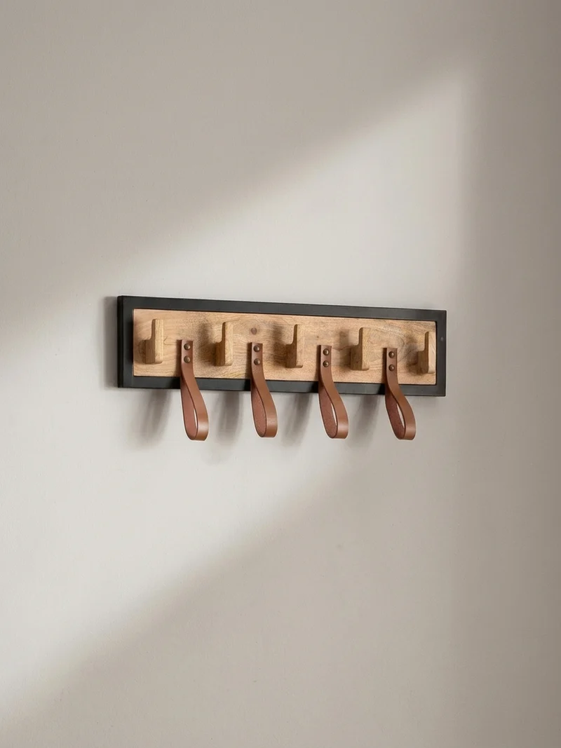 Wandgarderobe Mango Massivholz Echtleder Modern 60x15x6 cm mit Schlaufen