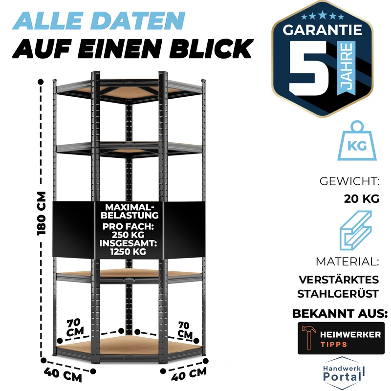 ALLSHELF Eckregal Schwerlastregal 180x70x40cm