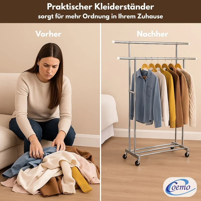 Coemo Rollbarer Kleiderständer – 160 x 42 x 162 cm, mit 2 ausziehbaren Stangen, 4 Rollen