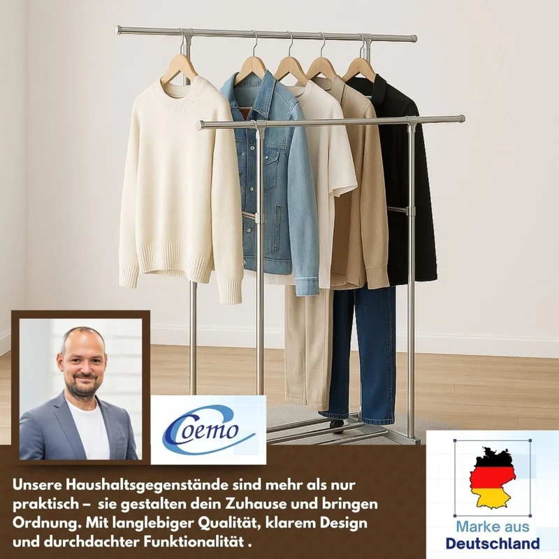 Coemo Rollbarer Kleiderständer – 160 x 42 x 162 cm, mit 2 ausziehbaren Stangen, 4 Rollen