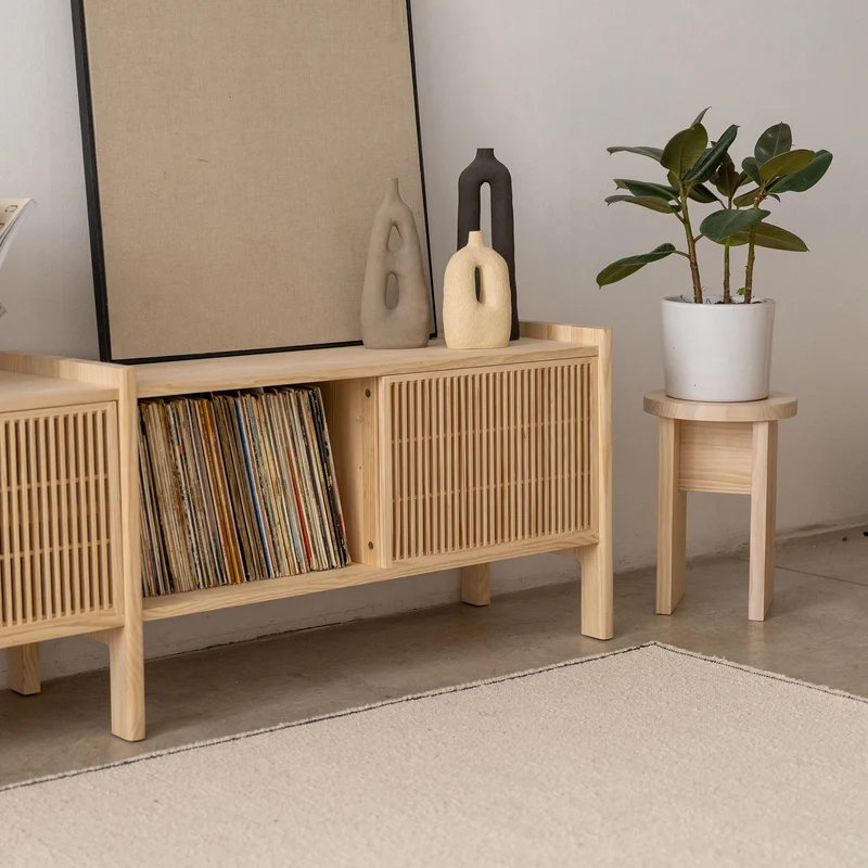 Large Mendia TV furniture in solid wood for vinyl records 3 doors 301 cm