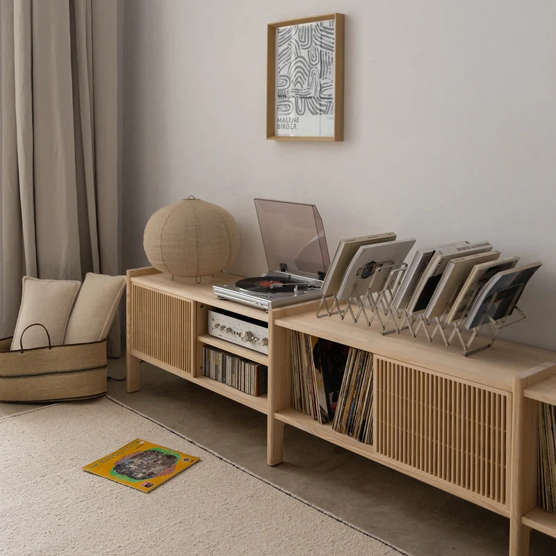 Large Mendia TV furniture in solid wood for vinyl records 3 doors 301 cm