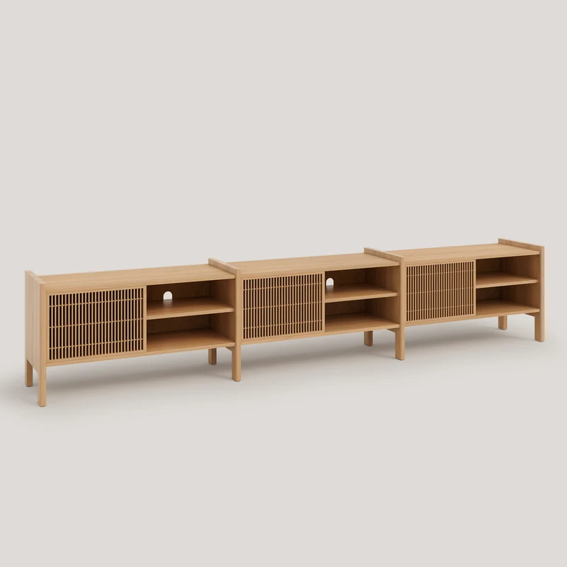 Large Mendia TV furniture in solid wood for vinyl records 3 doors 301 cm