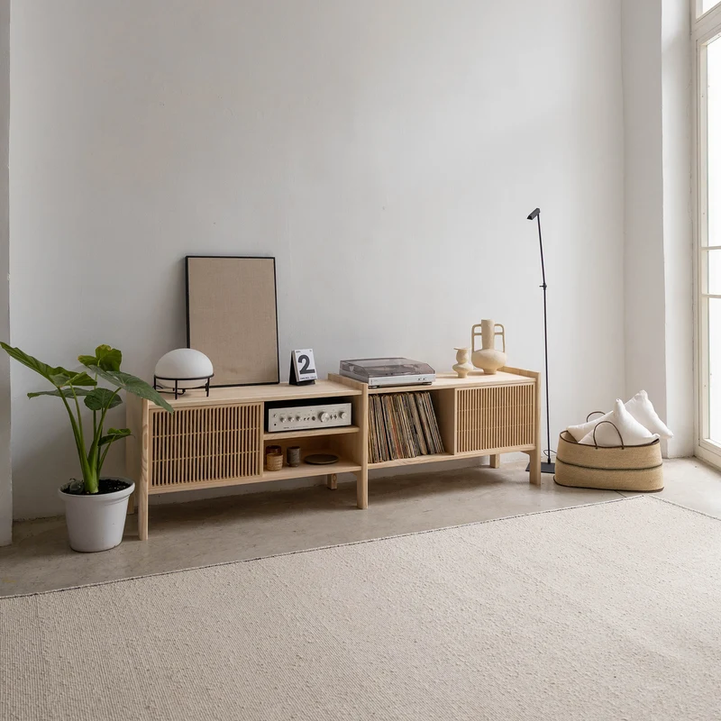 Medium Mendia TV furniture in solid wood for vinyl records 2 doors 201 cm