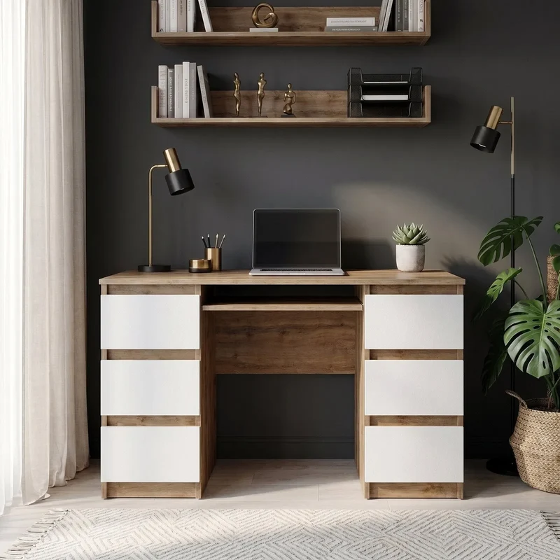 CUBA - Schreibtisch mit 6 Schubladen und Tastaturablage 130cm - Wotan Eiche / Weiß Matt