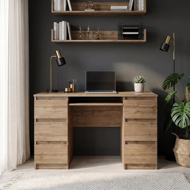 CUBA - Schreibtisch mit 6 Schubladen und Tastaturablage 130cm - Wotan Eiche