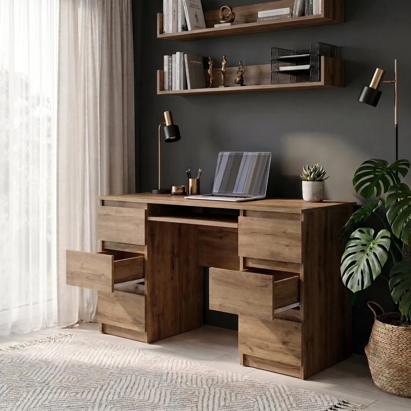 CUBA - Schreibtisch mit 6 Schubladen und Tastaturablage 130cm - Wotan Eiche