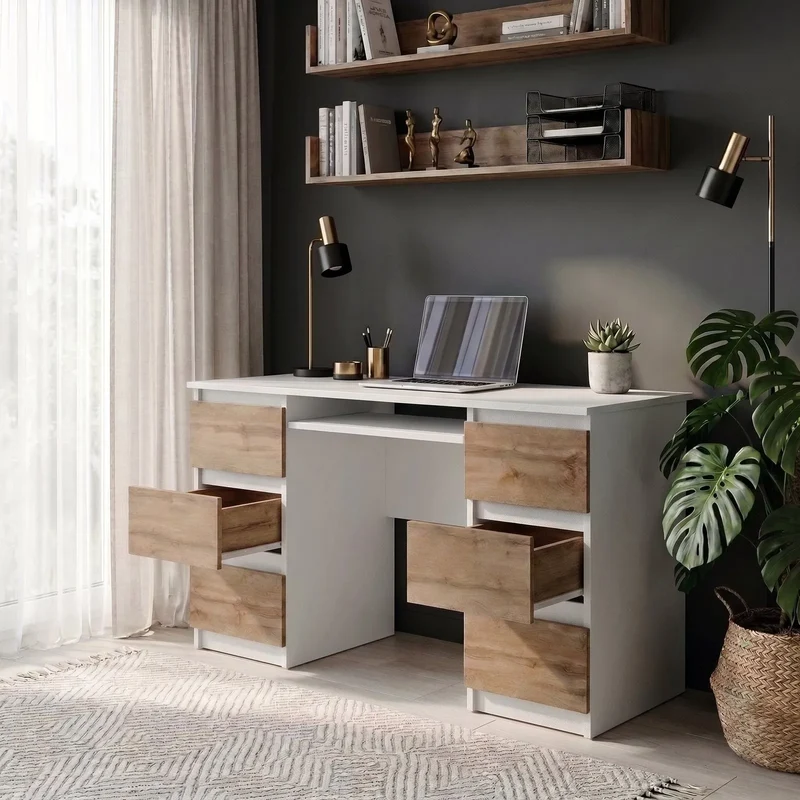 CUBA - Schreibtisch mit 6 Schubladen und Tastaturablage 130cm - Weiß Matt / Wotan Eiche