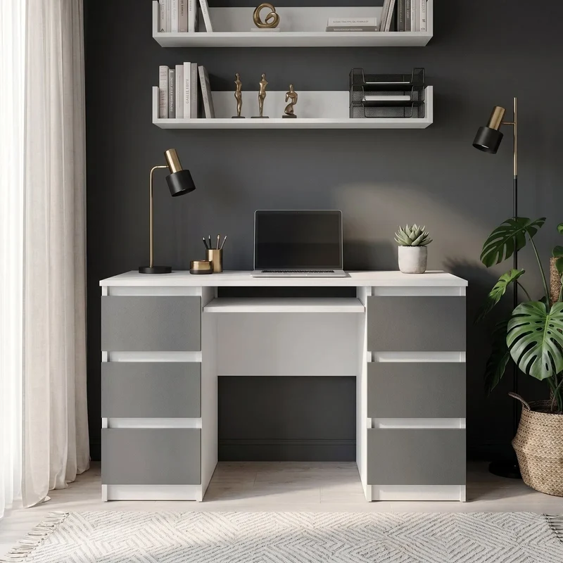 CUBA - Schreibtisch mit 6 Schubladen und Tastaturablage 130cm - Weiß Matt / Anthrazit Grau