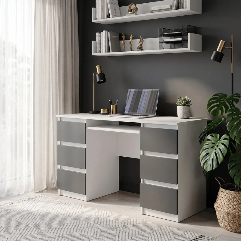 CUBA - Schreibtisch mit 6 Schubladen und Tastaturablage 130cm - Weiß Matt / Anthrazit Grau