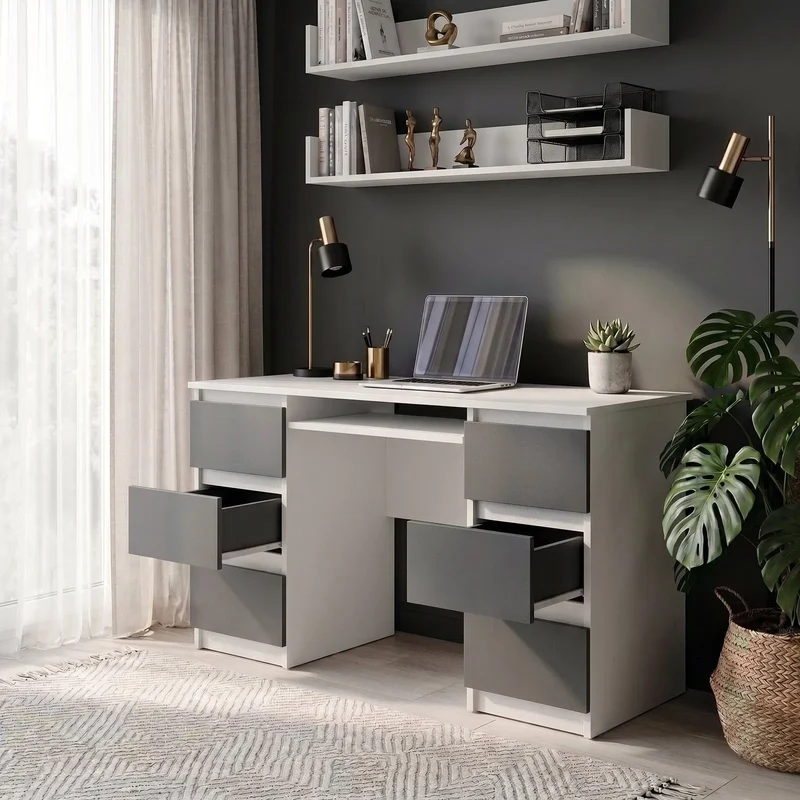 CUBA - Schreibtisch mit 6 Schubladen und Tastaturablage 130cm - Weiß Matt / Anthrazit Grau