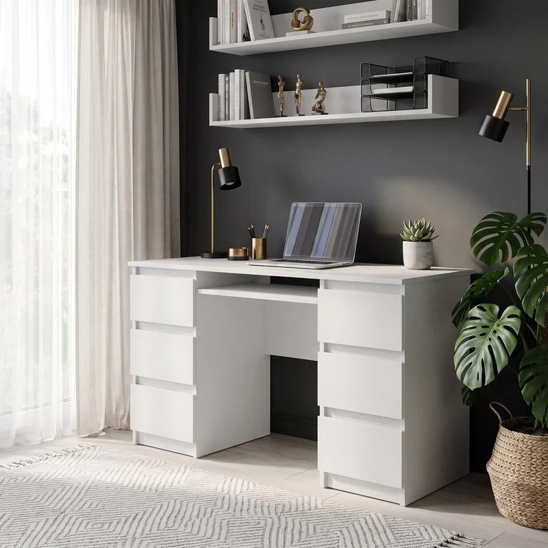 CUBA - Schreibtisch mit 6 Schubladen und Tastaturablage 130cm - Weiß Matt