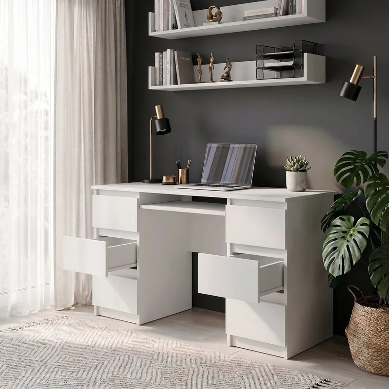 CUBA - Schreibtisch mit 6 Schubladen und Tastaturablage 130cm - Weiß Matt