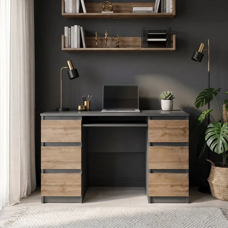 CUBA - Schreibtisch mit 6 Schubladen und Tastaturablage 130cm - Anthrazit Grau / Wotan Eiche