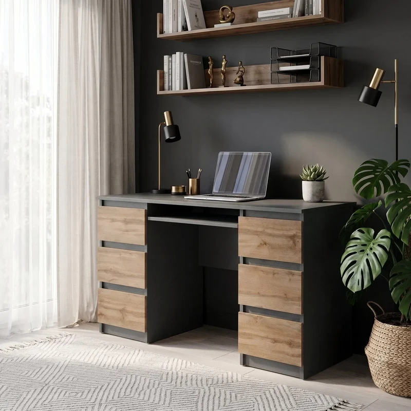 CUBA - Schreibtisch mit 6 Schubladen und Tastaturablage 130cm - Anthrazit Grau / Wotan Eiche