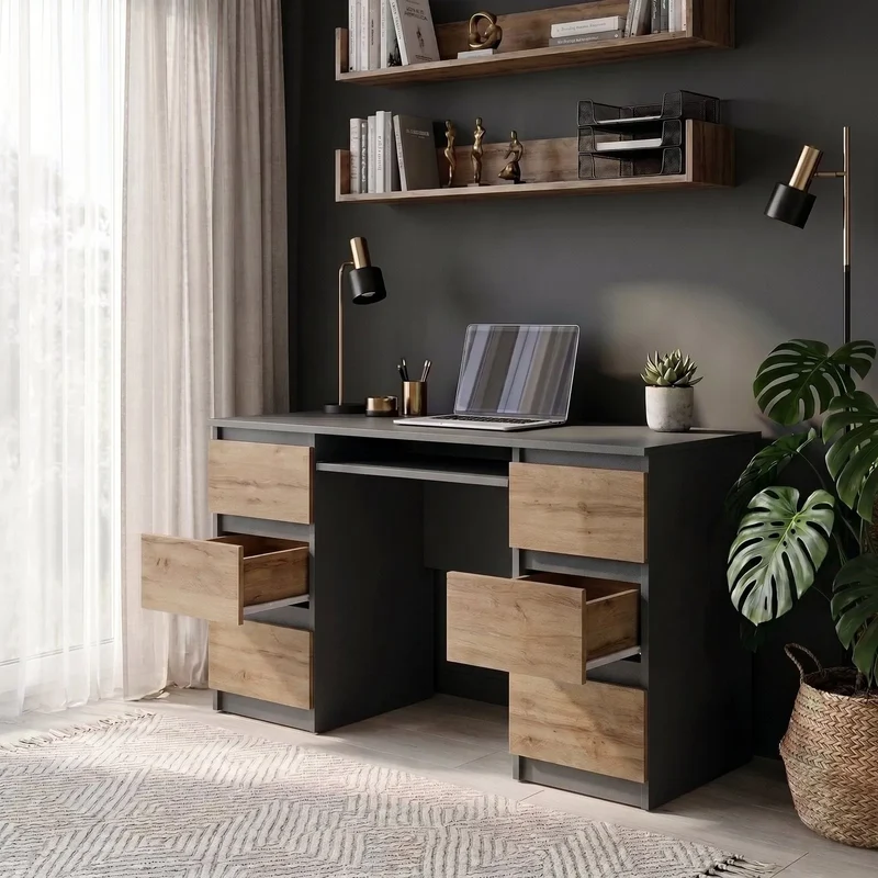 CUBA - Schreibtisch mit 6 Schubladen und Tastaturablage 130cm - Anthrazit Grau / Wotan Eiche
