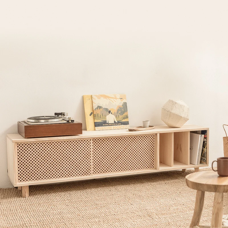 Saura TV stand of pine with 2 lattice doors 170 cm