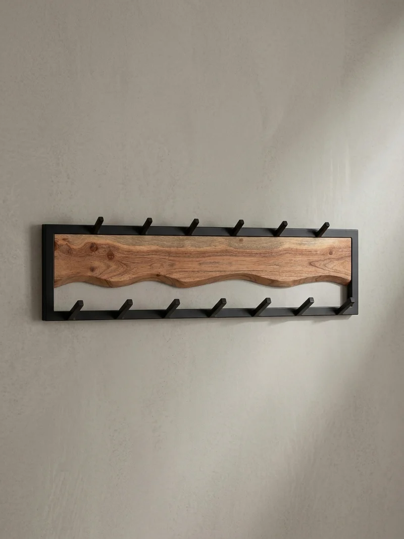 Wandgarderobe Akazie Massivholz Metall Modern 80x20x8 cm mit Wellenmuster