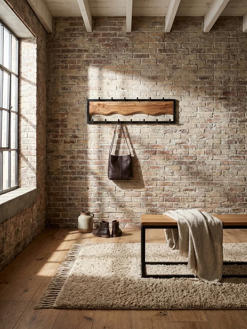Wandgarderobe Akazie Massivholz Metall Modern 80x20x8 cm mit Wellenmuster