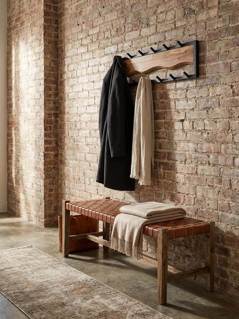 Wandgarderobe Akazie Massivholz Metall Modern 80x20x8 cm mit Wellenmuster