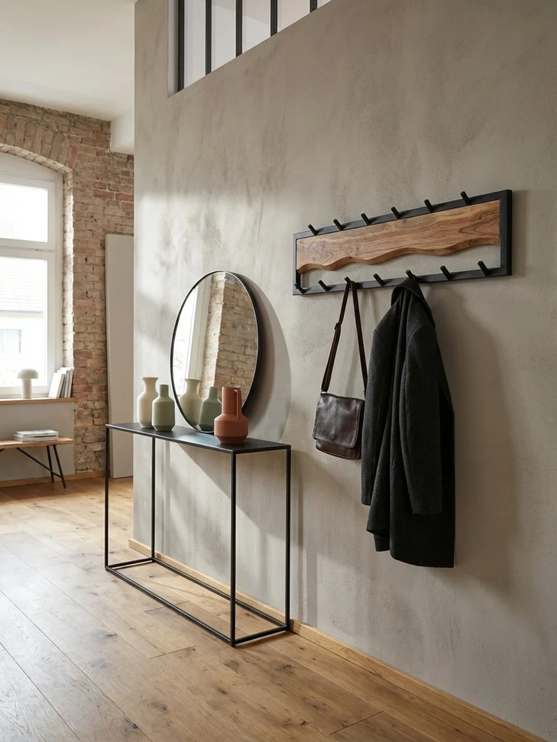 Wandgarderobe Akazie Massivholz Metall Modern 80x20x8 cm mit Wellenmuster