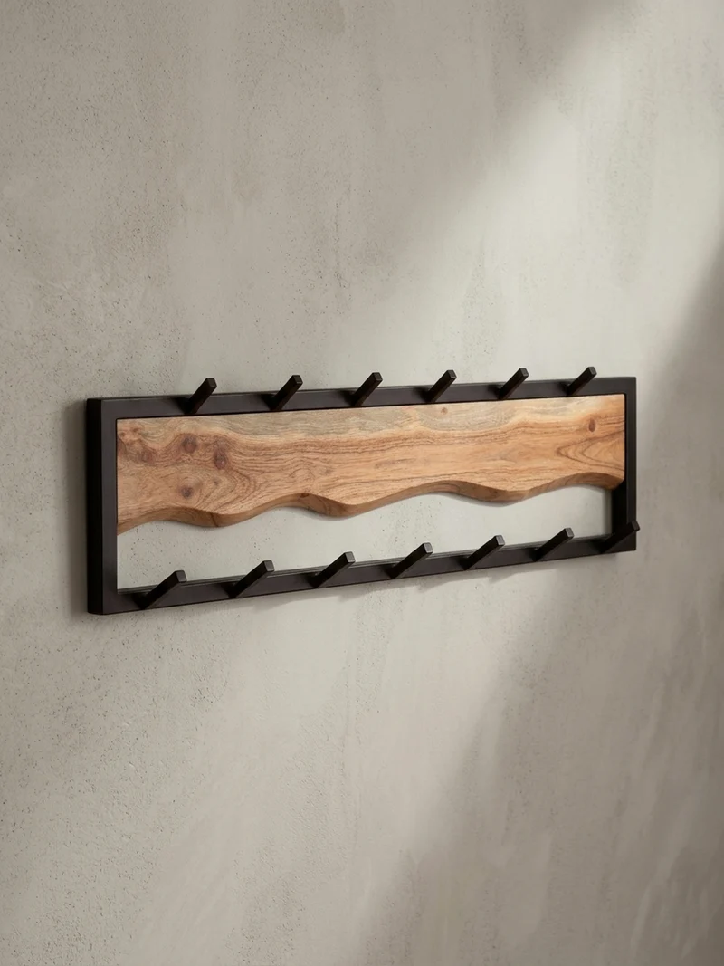 Wandgarderobe Akazie Massivholz Metall Modern 80x20x8 cm mit Wellenmuster