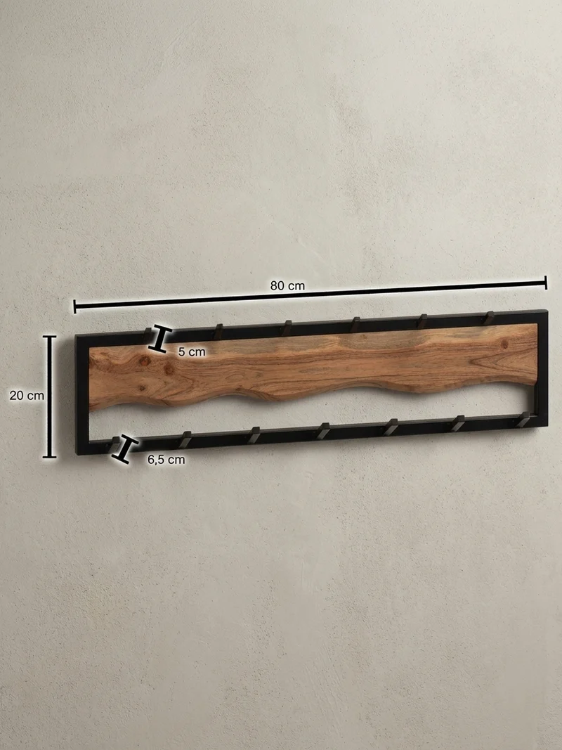 Wandgarderobe Akazie Massivholz Metall Modern 80x20x8 cm mit Wellenmuster