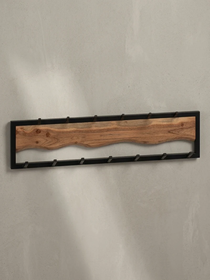 Wandgarderobe Akazie Massivholz Metall Modern 80x20x8 cm mit Wellenmuster