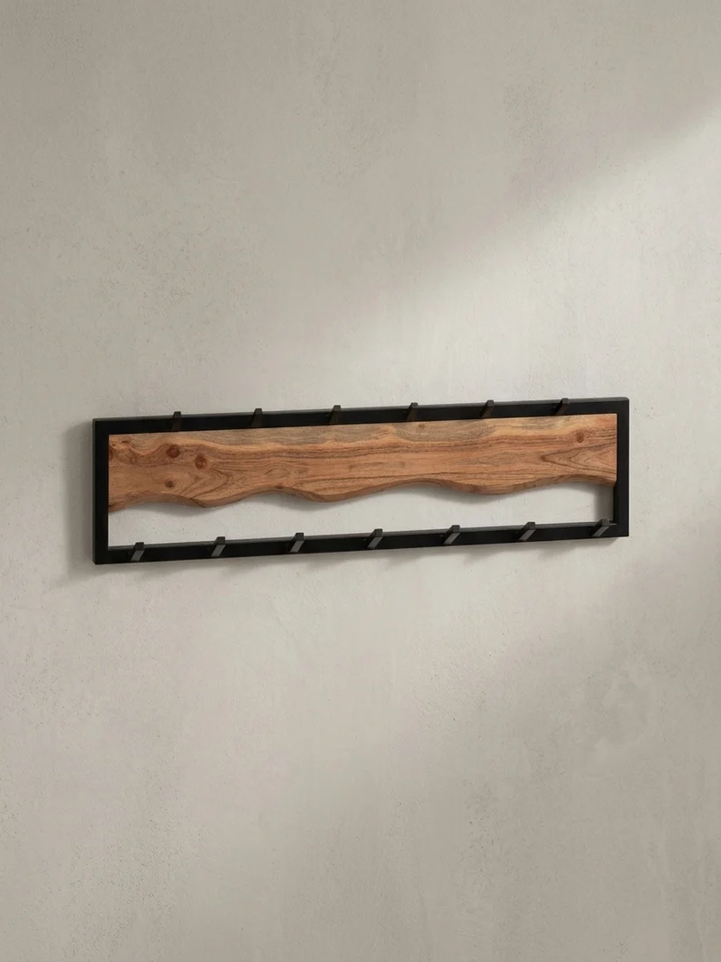 Wandgarderobe Akazie Massivholz Metall Modern 80x20x8 cm mit Wellenmuster
