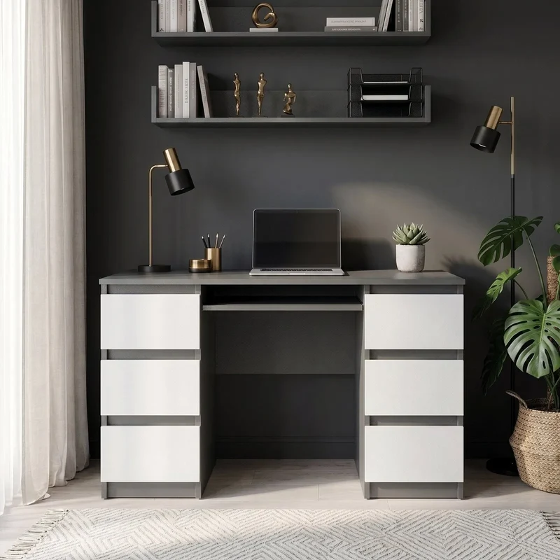 CUBA - Schreibtisch mit 6 Schubladen und Tastaturablage 130cm - Anthrazit Grau / Weiß Matt