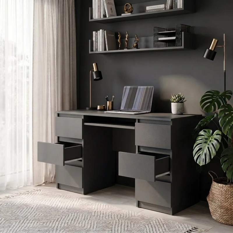 CUBA - Schreibtisch mit 6 Schubladen und Tastaturablage 130cm - Anthrazit Grau
