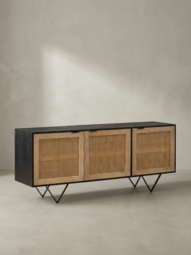 Sideboard – Mango Massivholz/Rattan, 175x75x45 cm, 3 Türen, schwarz/braun