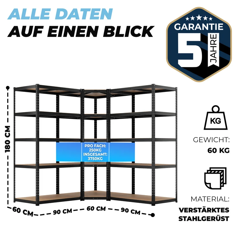 ALLSHELF Eckregal 2x 180x90x60cm + 1x 180x90x60cm