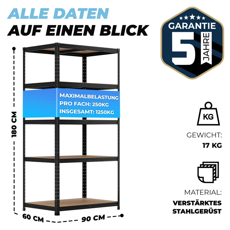 ALLSHELF Schwerlastregal 180x90x60cm